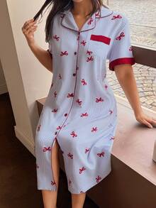 Napfluff CURVE Napfluff CURVE Áo ngủ nữ cỡ lớn cổ cài khuy phía trước, họa tiết bướm và sọc, tay ngắn, thích hợp cho mùa hè. - Màu xanh lam - Xem 4