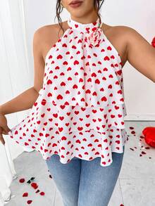 Elenzga Plus Size Heart Print Spaghetti Strap Camisole Tiered Peplum Top - Multicolor - View 6