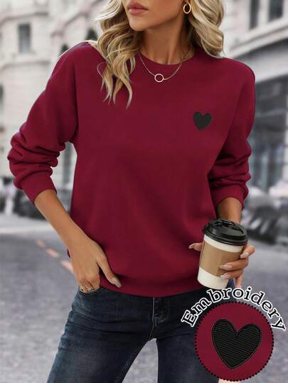 EMERY ROSE Women's Heart Print Crew Neck Casual Versatile Long Sleeve Sweatshirt