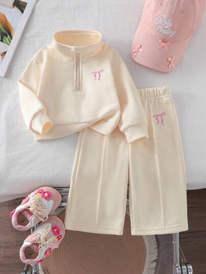 SHEIN Baby Girl Bow Embroidered Half-Placket Sweatshirt And Pants Casual Outfit Toddler Boy Baby Set Autumn Winter Season New Born Baby Girl Warm Sets Toddler Co Ord Mom Baby Casual Sets