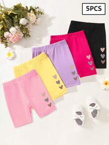 5件/組女嬰心形印花短褲，休閒日常穿著夏季服裝，粉色/黃色/紫色/紅色/黑色短褲套裝，心形與豹紋印花，每週輪換夏季短褲單車短褲內搭褲 - 彩色 - 查看 1