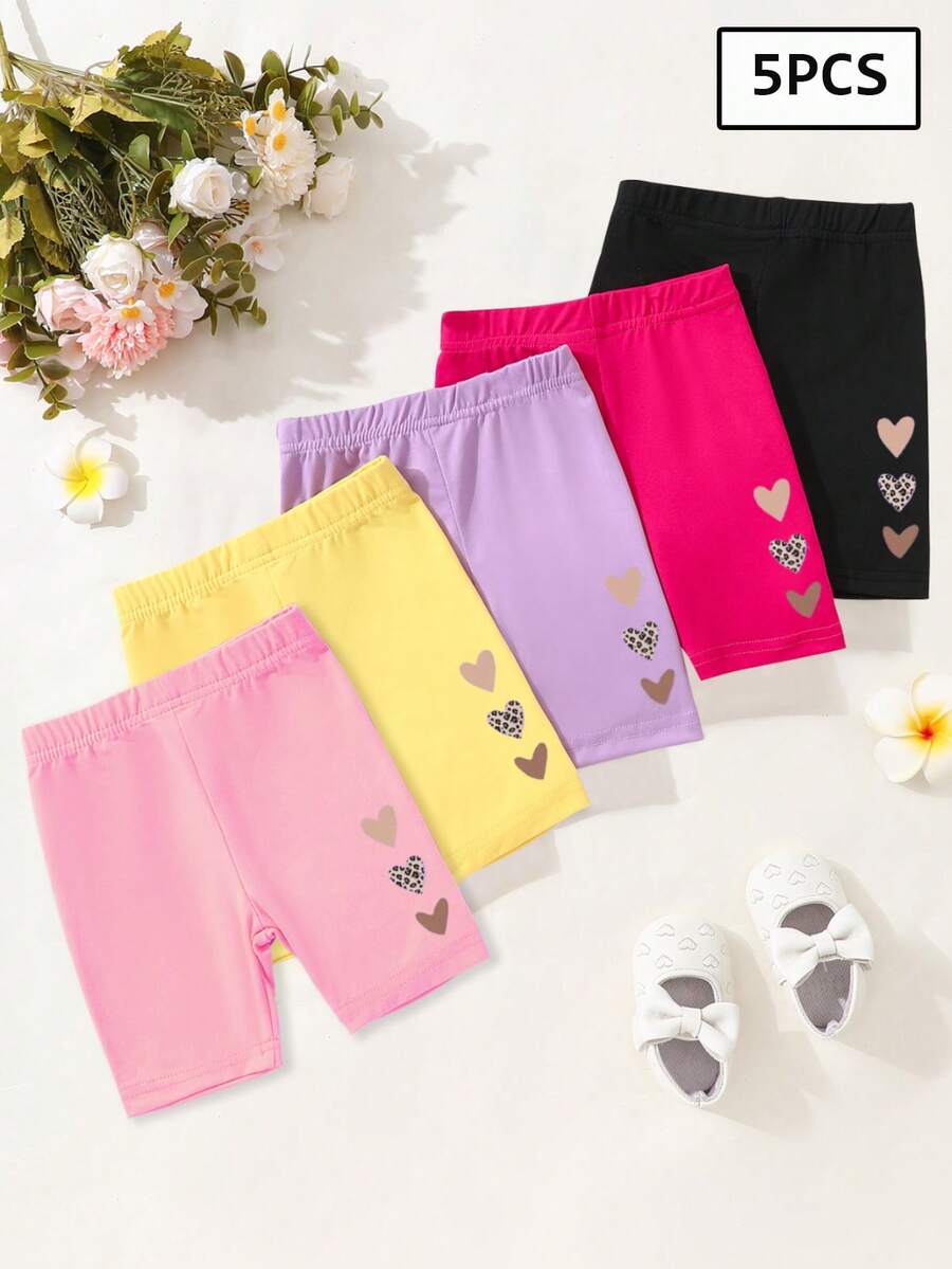 5件/組女嬰心形印花短褲,休閒日常穿著夏季服裝,粉色/黃色/紫色/紅色/黑色短褲套裝,心形與豹紋印花,每週輪換夏季短褲單車短褲內搭褲 - 彩色 - 查看 1