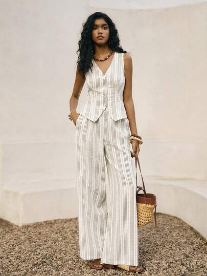 Poéselle Women's Striped Single-Breasted Vest And Wide-Leg Pants Casual Cotton  Suit