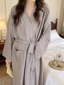 Áo choàng tắm mềm mại Unisex, dày, dài, có dây rút và túi, đồ ngủ rộng rãi thấm hút, đồ mặc nhà cho các cặp đôi, mùa thu/đông trở lại trường - màu xám nhạt - Xem 6