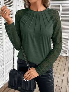SHEIN Frenchy Contrast Lace Raglan Sleeve Seam Detail Round Neck Tee Spring - Army Green - View 5