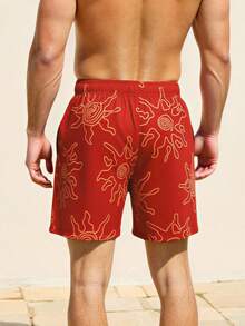 Manfinity Swimmode 男士全印花斜插口袋抽绳腰沙滩短裤 - 紅色 - 查看 2