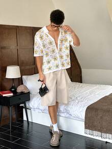 SWAVVY Men's Starfish Pattern Hollow Out Single-Breasted Casual Short Sleeve Knit Top - Apricot - View 5