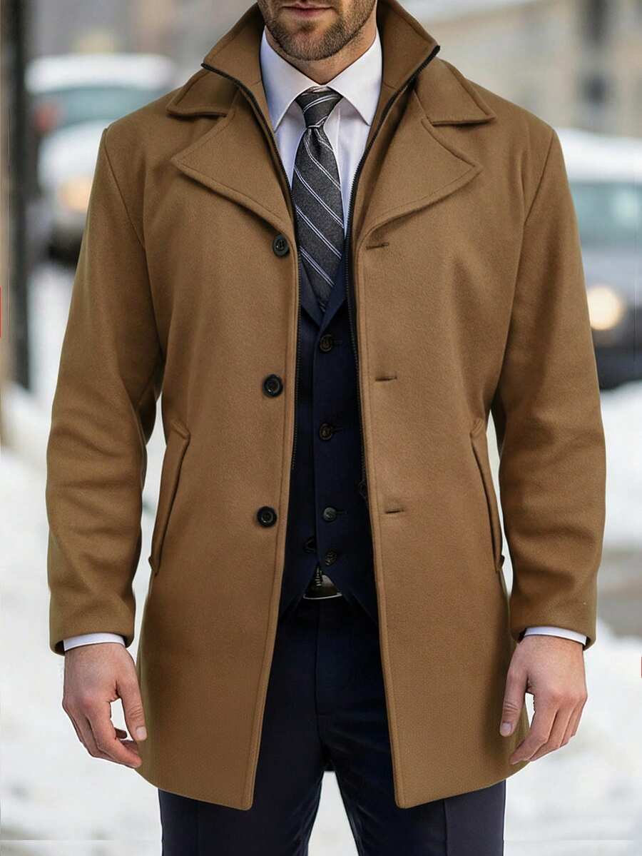 Manfinity Mode Áo khoác nam màu trơn pha len, trang phục thường ngày mùa thu/đông, áo khoác ngoài nam màu nâu cashmere, quần áo mùa thu cho nam, trang phục mùa đông cho nam, phong cách cổ điển, thích hợp cho sinh hoạt hàng ngày, những chuyến đi cuối tuần, hoạt động ngoài trời, du lịch, môi trường làm việc thoải mái hoặc các dịp bán trang trọng, quà tặng cho bạn trai/chồng, quà tặng kỷ niệm/sinh nhật, quà Giáng sinh, năm mới, đám cưới. - Màu Khaki - Xem 1