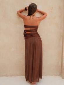 Swim Chiccia Spring/Summer Solid Color Wireless Strapless Tie Metallic Flower Decor Women Beach Vacation Casual Swimsuit One-Piece & Long Mesh Skirt Two Pieces High-End Set - Coffee Brown - View 2