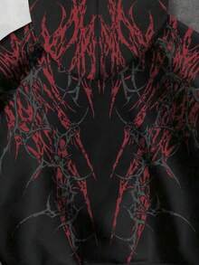 ROMWE MEN Street Life Spring Casual Graphic Men'S Gothic Pattern Zip-Up Hoodie, Casual Daily Wear, Long Sleeve Sweatshirt For Autumn/Winter - Black - View 3