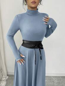 SHEIN Elenzya Vestido largo de punto de unicolor de lujo para mujer, diseño de cuello medio alto, ajuste ceñido, decoración de cinturón en la cintura para estilizar, vestido elegante y retro, adecuado para uso diario, citas, cenas, combinación de pareja, capa interior para otoño/invierno, capa exterior para primavera - Azul - Ver 4