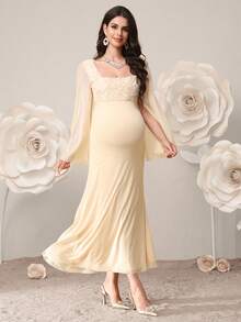 SHEIN Maternity Clothes Maternity  Dress Summer Pregnant Clothes Apricot Maternity Dress With Stand-Up Collar, Flared Sleeves, And Textured Floral Pattern, Elegant - Apricot - View 8