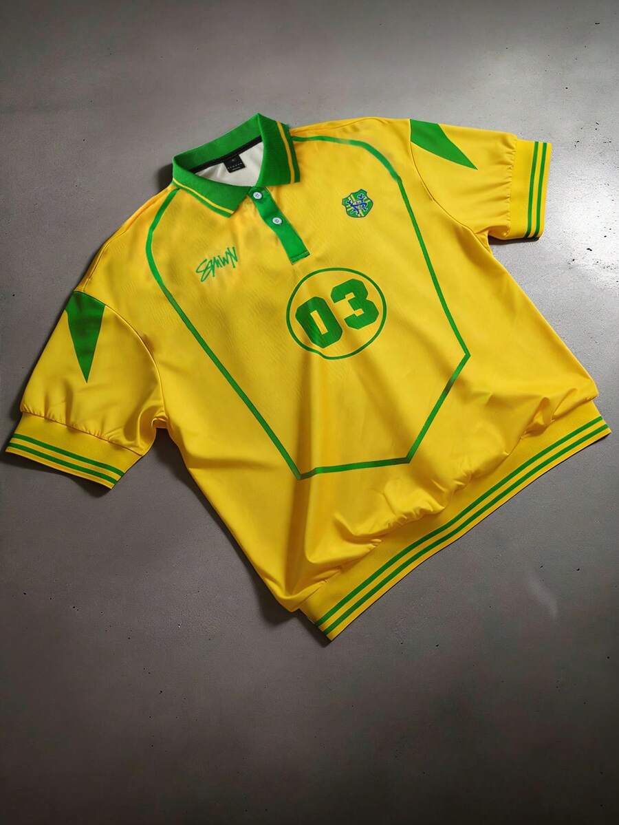 SUMWON Men's Retro Football Inspired Polo Shirt With Number Print And Button Placket Short Sleeve Collared Top Spring Summer Casual Wear - Yellow - View 1