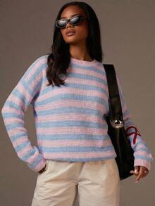 Athîral Women's Casual Everyday Commute Loose Fit Contrast Striped Pattern Sweater, Autumn/Winter - Multicolor - View 6