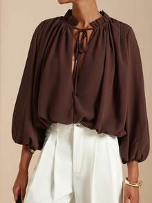 SHEIN Veneréa Women's V-Neck Ruched Design Short Sleeve Blouse With Tie Trim - Brown - View 2