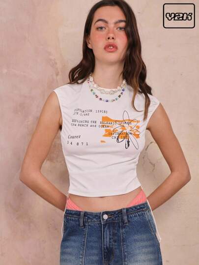 COUREZ 侧边褶皱印花背心 / 女士夏季穿搭 / 夏季外出休闲上衣 / Y2K 复古风