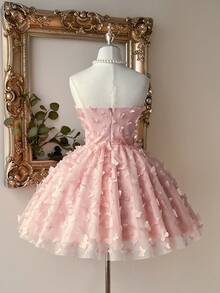 Lovelzi Elegant, Romantic, Fashionable Pink Mesh Embroidered Fabric Strapless Dress With Boned Bodice, Butterfly Decor, A-Line Silhouette, Suitable For Elegant Party, Wedding Guest Attire, Pink Dress, Bachelorette Party, Prom Dress - Baby Pink - View 3