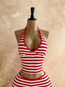 Soleia 女士春夏度假两件套：红白条纹撞色针织不对称肩部修身上衣搭配超低腰紧身短裤，适合派对、约会、海滩、邮轮、嘉年华、复活节等场合。 - 紅白色 - 查看 7