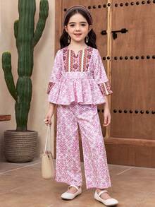 Young Girl Elegant Patchwork Retro Pattern Ruffle Hem Shirt & Pants Set - Multicolor - View 6