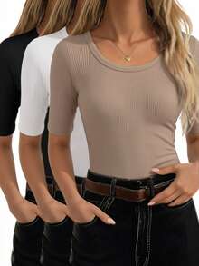 EMERY ROSE 3 piezas Camisetas casuales de mujer de unicolor, cuello redondo, manga corta y ajustadas con costillas - Multicolor - Ver 6