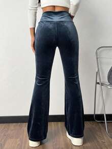 SHEIN EZwear Damen hochwertige graue Samt Schlaghose - Grau - Übersicht 2