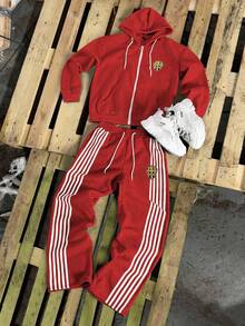 Manfinity Roghcode Aesthetic Post--Bộ đồ thể thao nam gồm áo hoodie và quần nỉ có khóa kéo phía trước, lót ấm, dây rút, màu đỏ, thích hợp cho mùa đông. - Đỏ - Xem 4