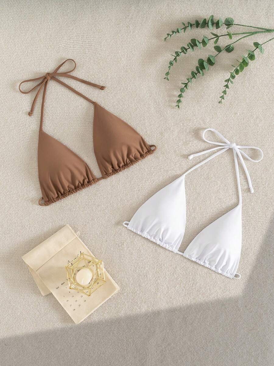 Swim Basics 2pcs Women's Solid Color Halter Tie Bikini Top Set - Multicolor - View 1