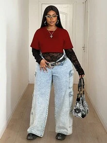 Maweii Bộ đồ liền thân 2 trong 1 cổ tròn phối ren dành cho nữ cỡ lớn, thời trang và đa năng, thích hợp cho các buổi hẹn hò. - Đỏ - Xem 2