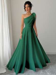 Modelyn Vestido de fiesta de mujer con un hombro, cintura fruncida, parches y falso pelo - Verde Oscuro - Ver 4