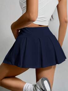 SHEIN EZwear Váy ngắn màu trắng cạp rộng, xòe viền eo, mặc đi chơi mùa hè - Màu xanh hải quân - Xem 2