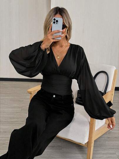 Easowa Vintage Shirred Lantern Sleeve Pleated Drawstring Waist Backless Bow Tie Angora Red Mesh T-Shirt, Casual Loose Elegant Office Lady Style, Autumn/Winter