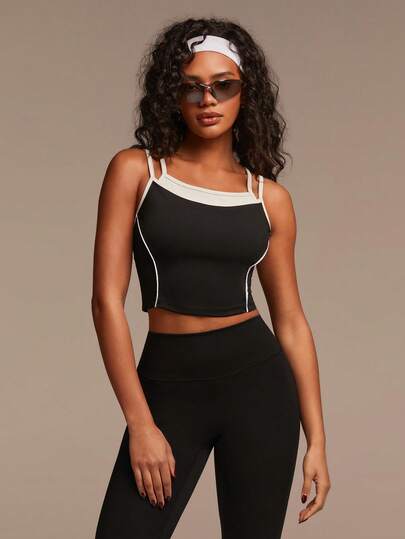 Athîral Women's Casual Black And White Color Block Sports Camisole, Faux Layered Design, Black Tank Top, Suitable For Loungewear, Sports And Outdoor Wear, Yoga Top,Women's Gym Clothes,Female Gym Wear,Gym Clothes,Women's Gym Top,Women's Gym Clothing,Casual Black Top