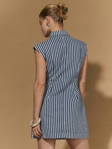 COSMINA Denim Women's Contrast Striped Print Shirt Dress, Single-Breasted Cap Sleeve Denim Dress, Elegant Chic Autumn Brunch Commuter A-Line Summer Casual - Blue - View 5