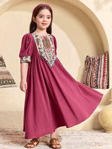 SHEIN Young Girl Purple Summer Party Al-Adha Dress,Floral Print Patchwork Jalabiya,Traditional Round Neck Puff Sleeve Arabian Robe,Mom & Daughter Kaftan - Red - View 3