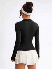 Dewbera 休闲百搭纽扣领修身运动Polo衫 - 黑色 - 查看 3