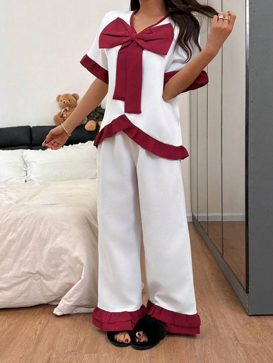 Dream Adore Conjunto de pijama para niñas con cuello en V con lazo, manga corta y volantes de color contrastante - Multicolor - Ver 1