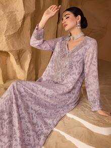 SHEIN Najma Đầm thời trang thanh lịch, sang trọng với chất liệu vải cắt xẻ, cổ áo thiết kế riêng và họa tiết hoa, dành cho nữ. - Màu tím - Xem 7