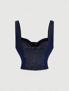 SHEIN MOD Women's Solid Color Front Button Camisole And Denim Skirt Casual Suit - Dark Wash - View 5