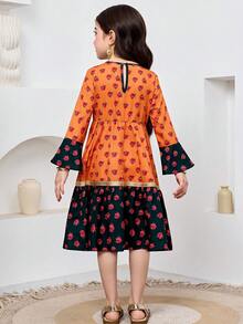 SHEIN Vestido de manga larga con estampado de rosa sudanesa de color contrastante y patchwork floral para niñas, vestido tradicional para fiestas y vacaciones - Amarillo - Ver 2