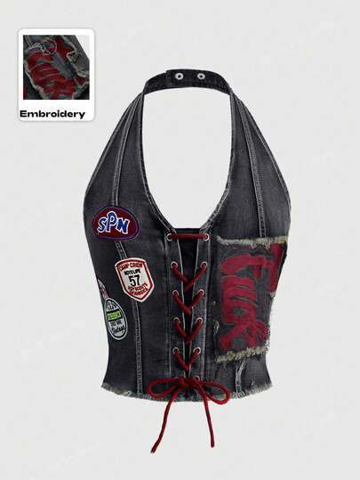 ROMWE Avant Women's Y2K Retro Jersey Sports Ballet Style Graphic Logo Embroidered Lace-Up Low Waist Sexy Cropped Denim Top