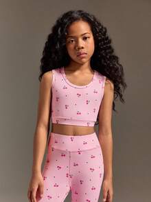 Tween Girls Cute Pink Activewear Set,Summer Colorful Pattern Vivid Top With Cutout Back Design & Pants Set,Suitable For Gym Gymnastics Training Wear - Pink - View 6