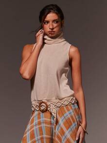 Athîral 女士休闲高领无袖上衣，针织弹力上衣，女士休闲上衣，适合约会、派对、春假、春夏穿着，大地色系上衣 - 卡其色 - 查看 3