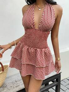 Sweetra Sweet Girl Style Jacquard Delicate Fabric French Romantic Ruffled Hem Dress With Sexy Halter Design, New Spring Collection, Suitable For Halloween, Valentine's Day - Red - View 3