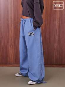 COUREZ Quần ống rộng cạp thấp kiểu quần dù với họa tiết sinh viên / Trang phục đi chơi phong cách Y2K mùa thu, quần áo nữ mùa thu, quần áo mùa đông, quần ống rộng đi học. - Màu xanh lam - Xem 1