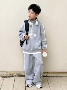 SHEIN Little Byeori 2 件套幼儿男童厚针织半拉链套头衫和裤子针织套装，加大码 - 灰色 - 查看 7