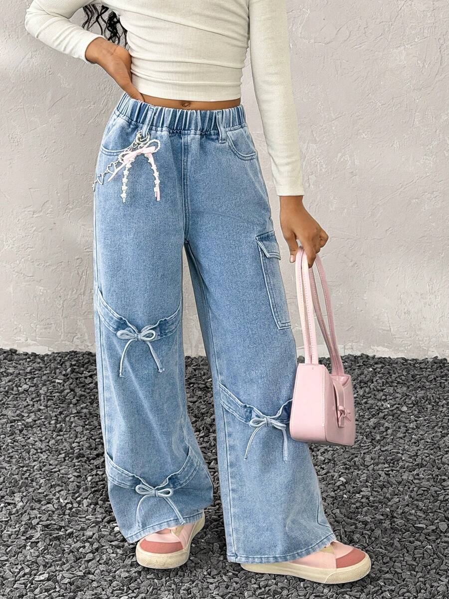 Tween Girls Spring/Summer,Streetwear Chic,Cute Blue Bow Baggy Jeans,Straight-Leg Pants - Blue - View 1