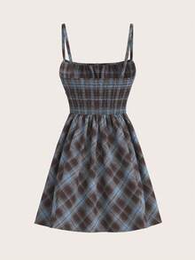 SHEIN PETITE 女士春夏/夏季休闲格子吊带迷你连衣裙，方领，棕色格子连衣裙，春夏田园风连衣裙，秋季穿搭 - 彩色 - 查看 3