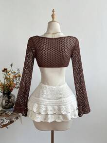 Elamini Áo khoác cardigan nữ màu nâu khoét rỗng, xuyên thấu, buộc dây, mỏng nhẹ, gợi cảm, thích hợp cho mùa hè đi biển. - màu nâu - Xem 2