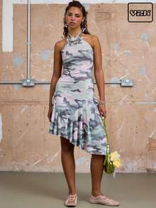 COUREZ 不对称迷彩印花中长连衣裙 / 女士夏季穿搭 Y2K 复古风夏季连衣裙
