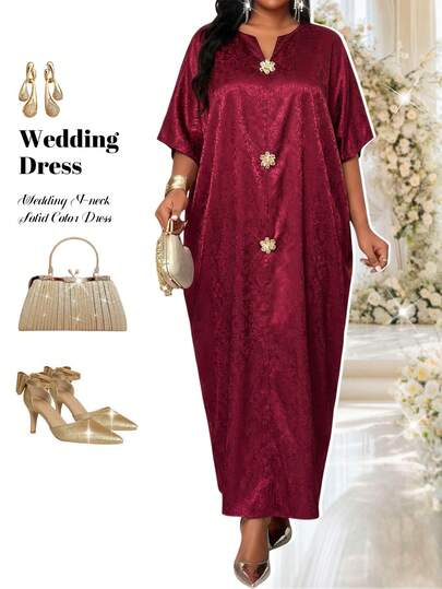 Fleurora 大码女式V领蝙蝠袖金属花朵装饰宽松优雅连衣裙